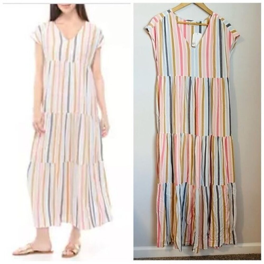 Wonderly Women's V-Neck Striped Tiered Maxi Dress Multi Colored Size Small